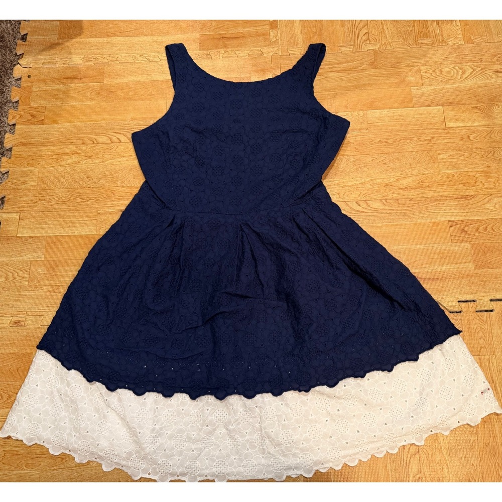 Tommy Hilfiger Navy Blue White Eyelet Lace Fit Flare Dress Sz 14 Sleeveless